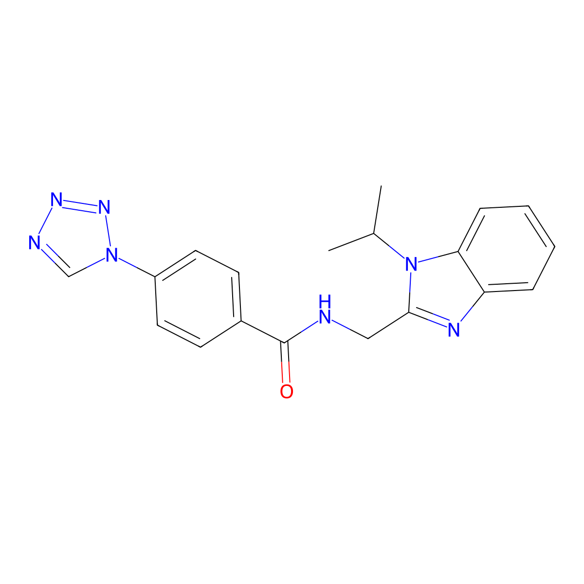 N-{[1-(propan-2-yl)-1H-benzimidazol-2-yl]methyl}-4-(1H-tetrazol-1-yl)benzamide molecular structure, CAS 1574303-71-1