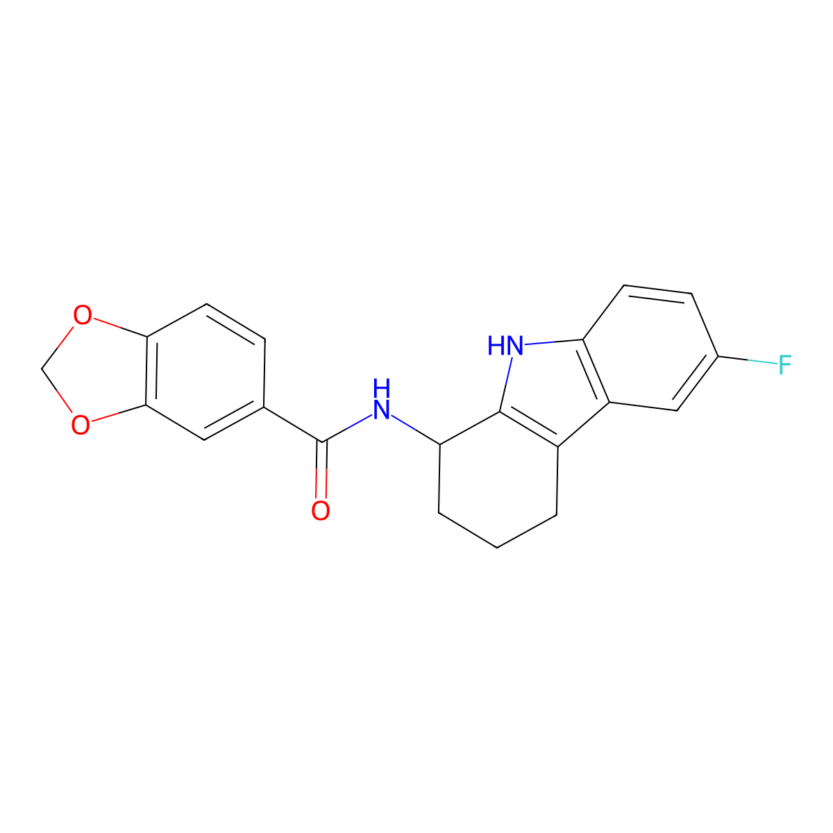 N-(6-fluoro-2,3,4,9-tetrahydro-1H-carbazol-1-yl)-1,3-benzodioxole-5-carboxamide molecular structure, CAS 1574303-73-3