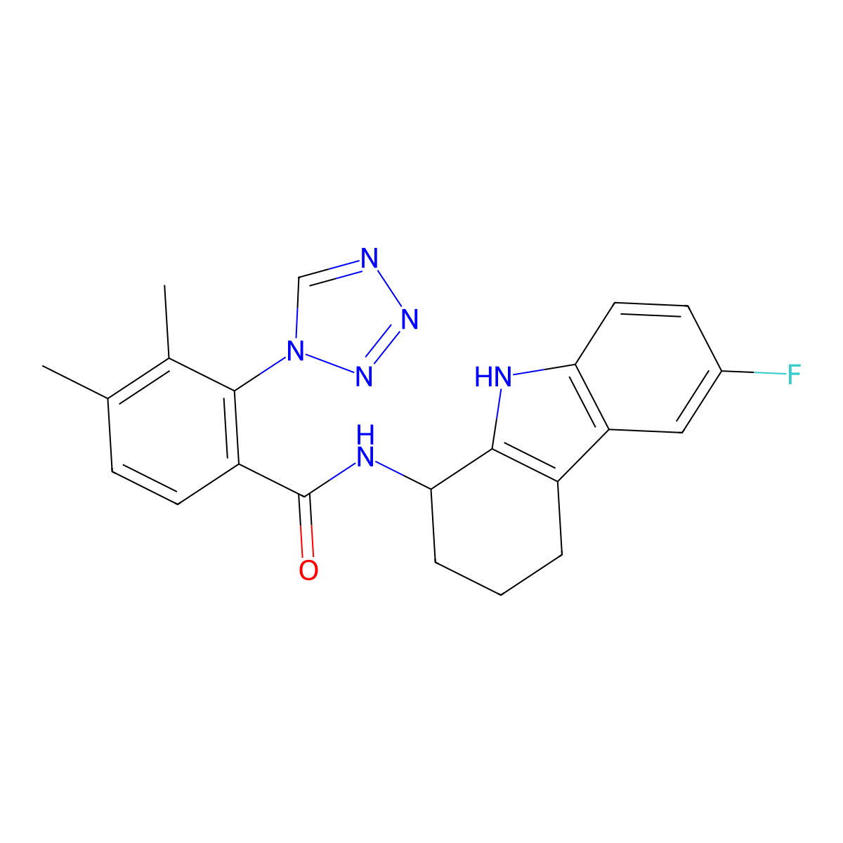 N-(6-fluoro-2,3,4,9-tetrahydro-1H-carbazol-1-yl)-3,4-dimethyl-2-(1H-tetrazol-1-yl)benzamide molecular structure, CAS 1574303-80-2