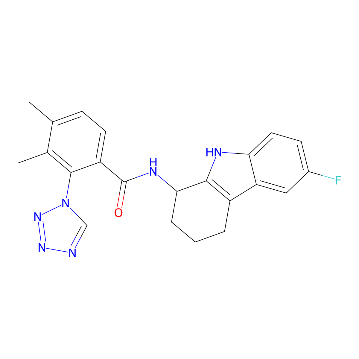 N-(6-fluoro-2,3,4,9-tetrahydro-1H-carbazol-1-yl)-3,4-dimethyl-2-(1H-tetrazol-1-yl)benzamide molecular structure, CAS 1574303-80-2