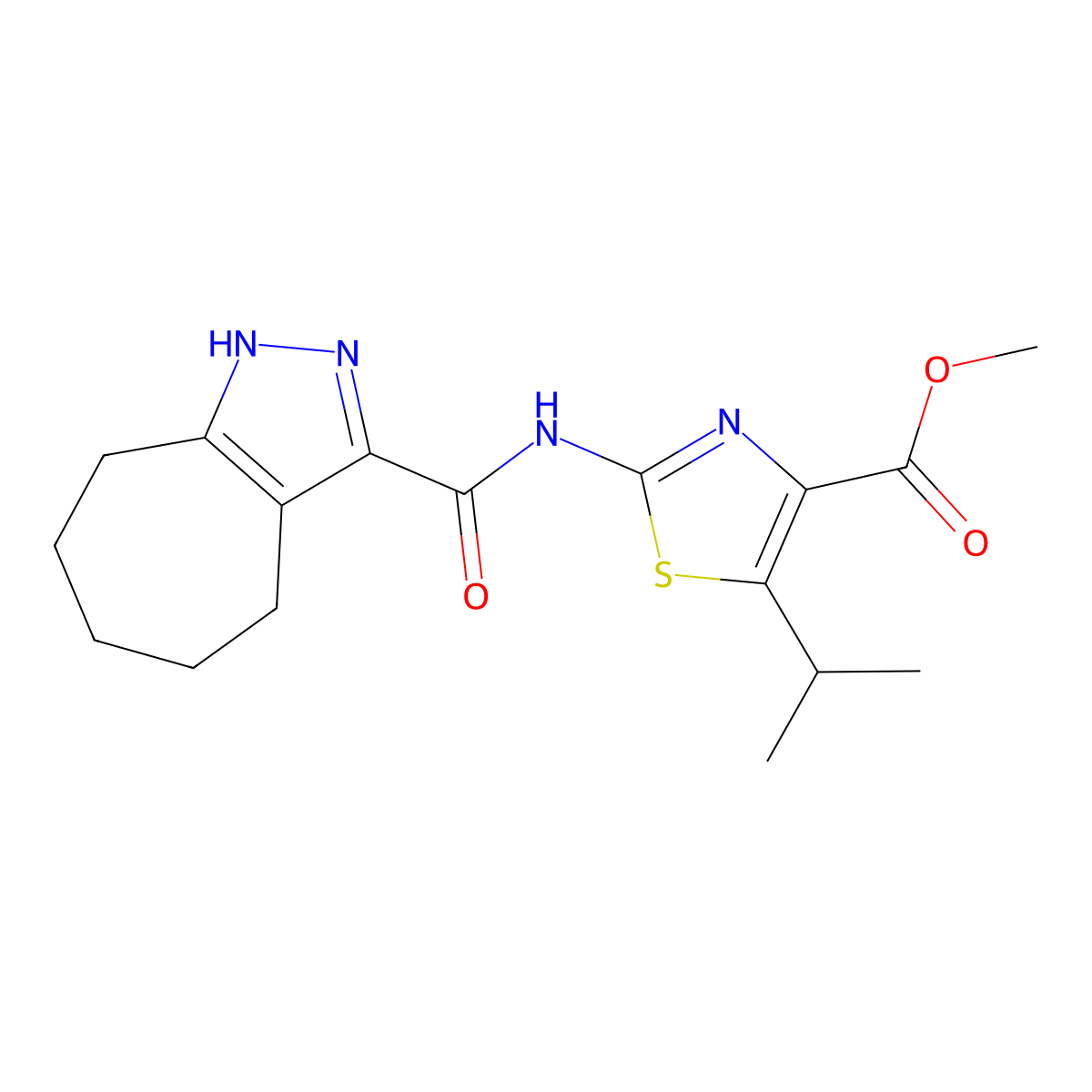 Methyl 2-[(2,4,5,6,7,8-hexahydrocyclohepta[c]pyrazol-3-ylcarbonyl)amino]-5-(propan-2-yl)-1,3-thiazole-4-carboxylate molecular structure, CAS 1574303-82-4