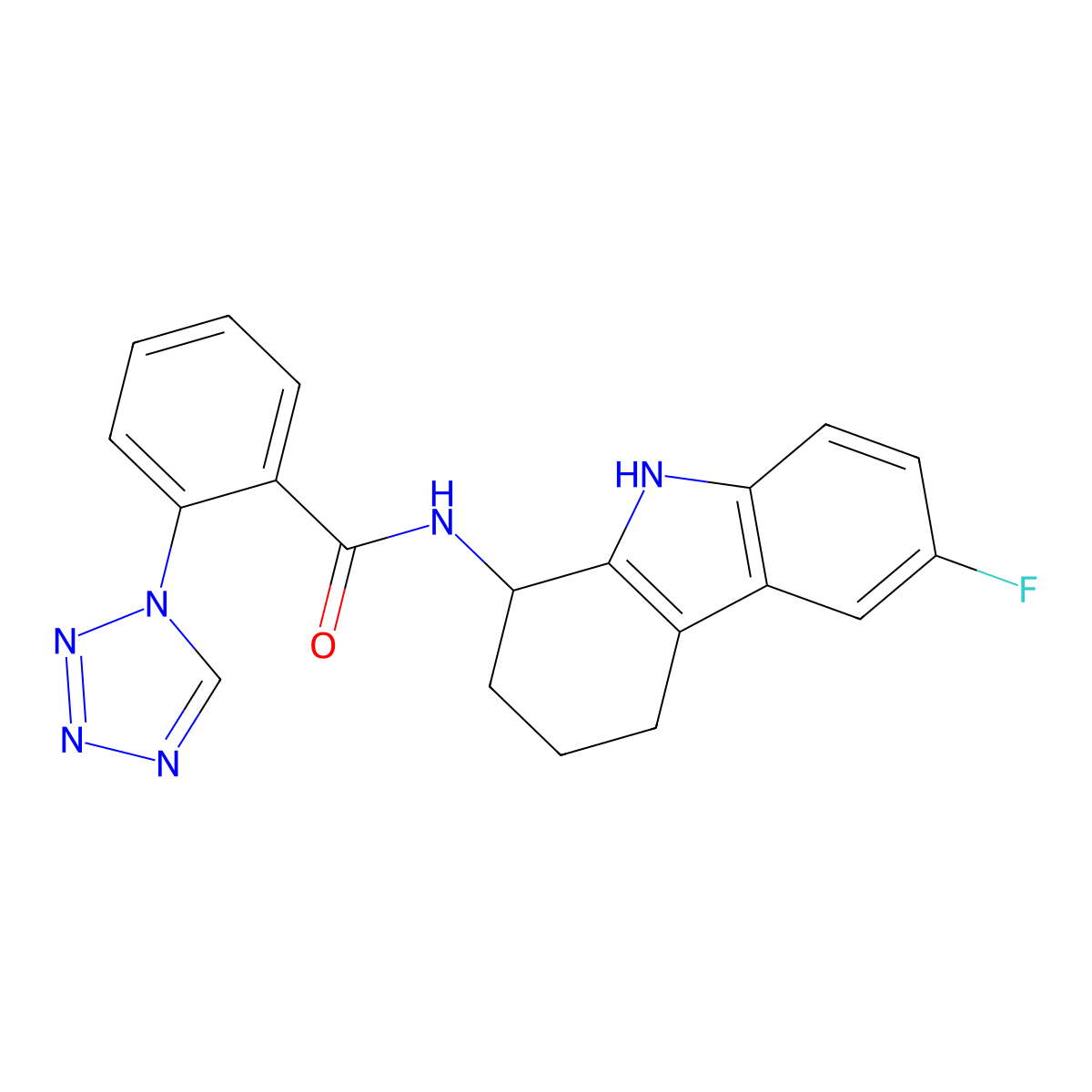 N-(6-fluoro-2,3,4,9-tetrahydro-1H-carbazol-1-yl)-2-(1H-tetrazol-1-yl)benzamide molecular structure, CAS 1574303-89-1