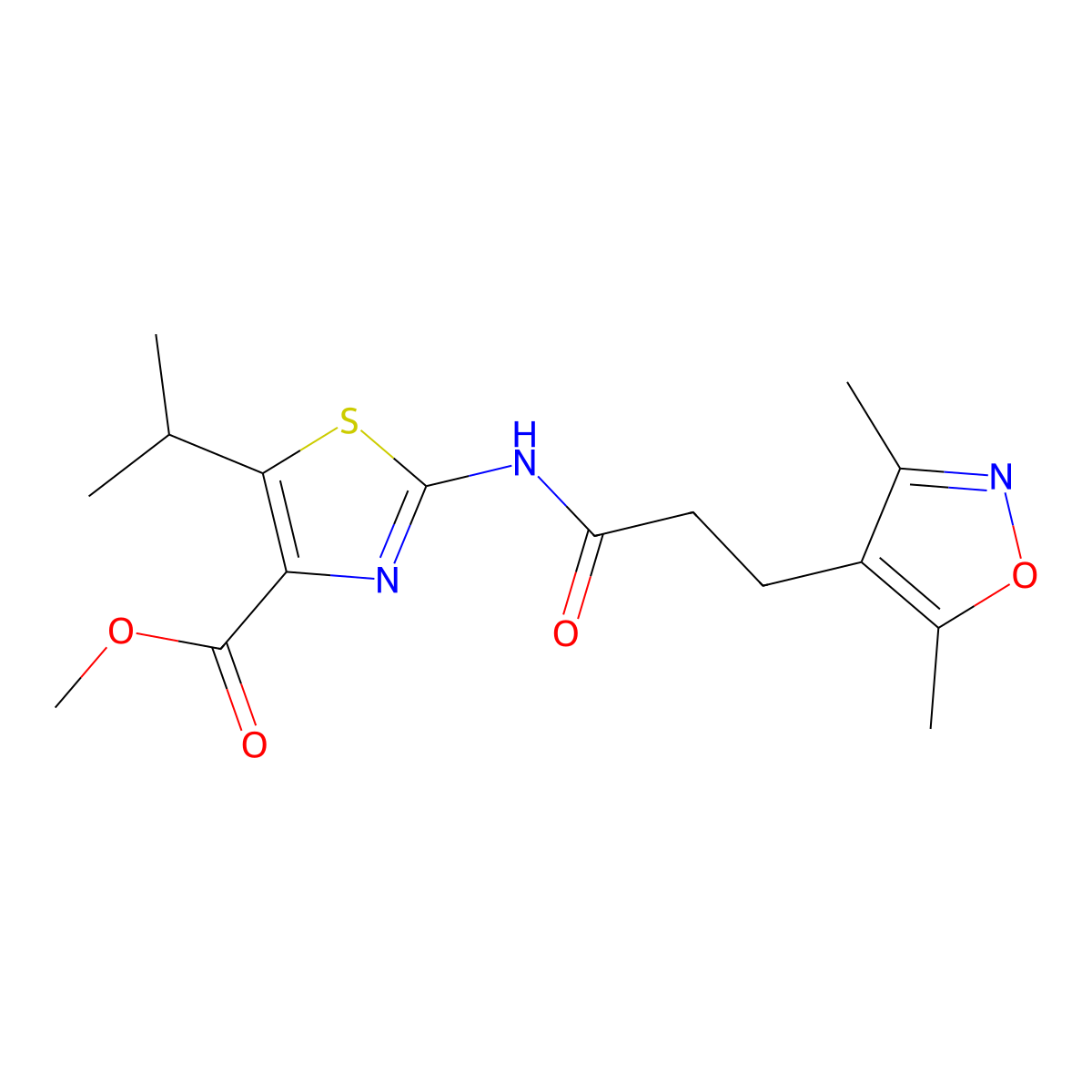 Methyl 2-{[3-(3,5-dimethyl-1,2-oxazol-4-yl)propanoyl]amino}-5-(propan-2-yl)-1,3-thiazole-4-carboxylate molecular structure, CAS 1574304-13-4