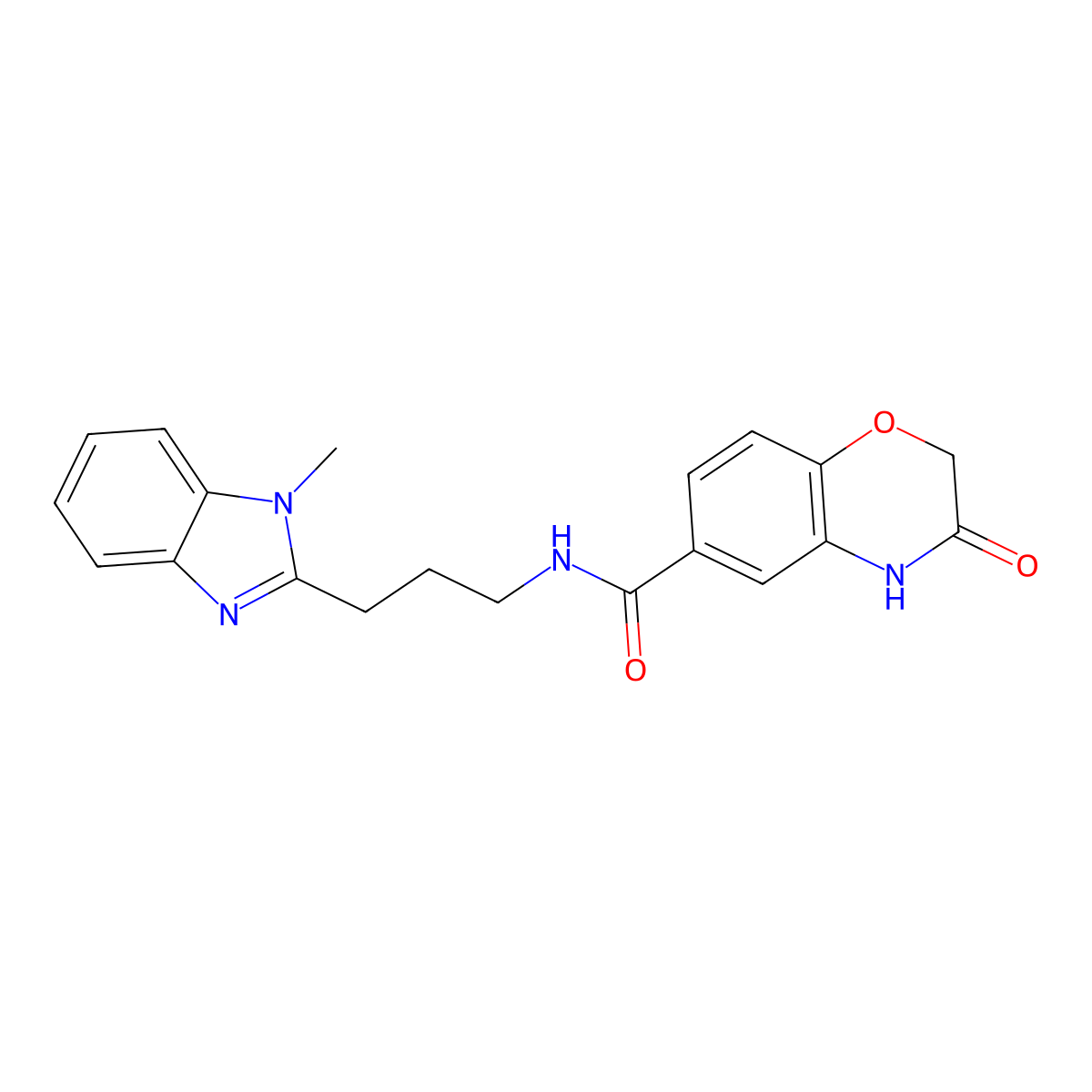 3-hydroxy-N-[3-(1-methyl-1H-benzimidazol-2-yl)propyl]-2H-1,4-benzoxazine-6-carboxamide molecular structure, CAS 1574306-59-4