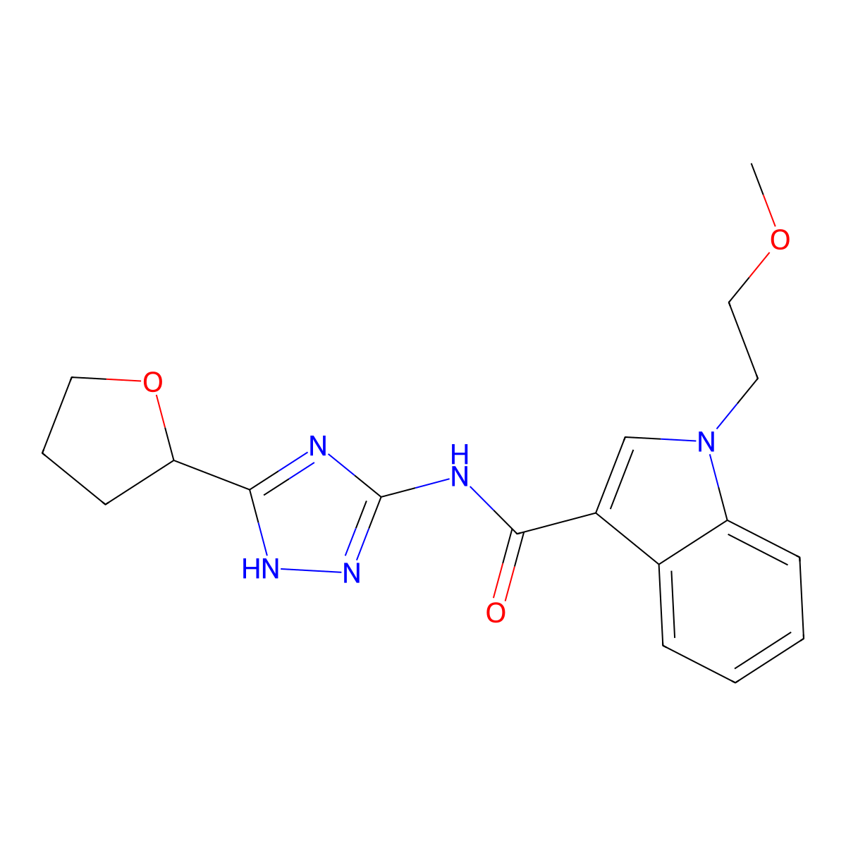 1-(2-methoxyethyl)-N-[3-(tetrahydrofuran-2-yl)-1H-1,2,4-triazol-5-yl]-1H-indole-3-carboxamide molecular structure, CAS 1574307-23-5