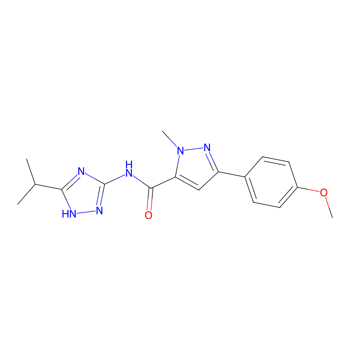 3-(4-methoxyphenyl)-1-methyl-N-[3-(propan-2-yl)-1H-1,2,4-triazol-5-yl]-1H-pyrazole-5-carboxamide molecular structure, CAS 1574307-34-8