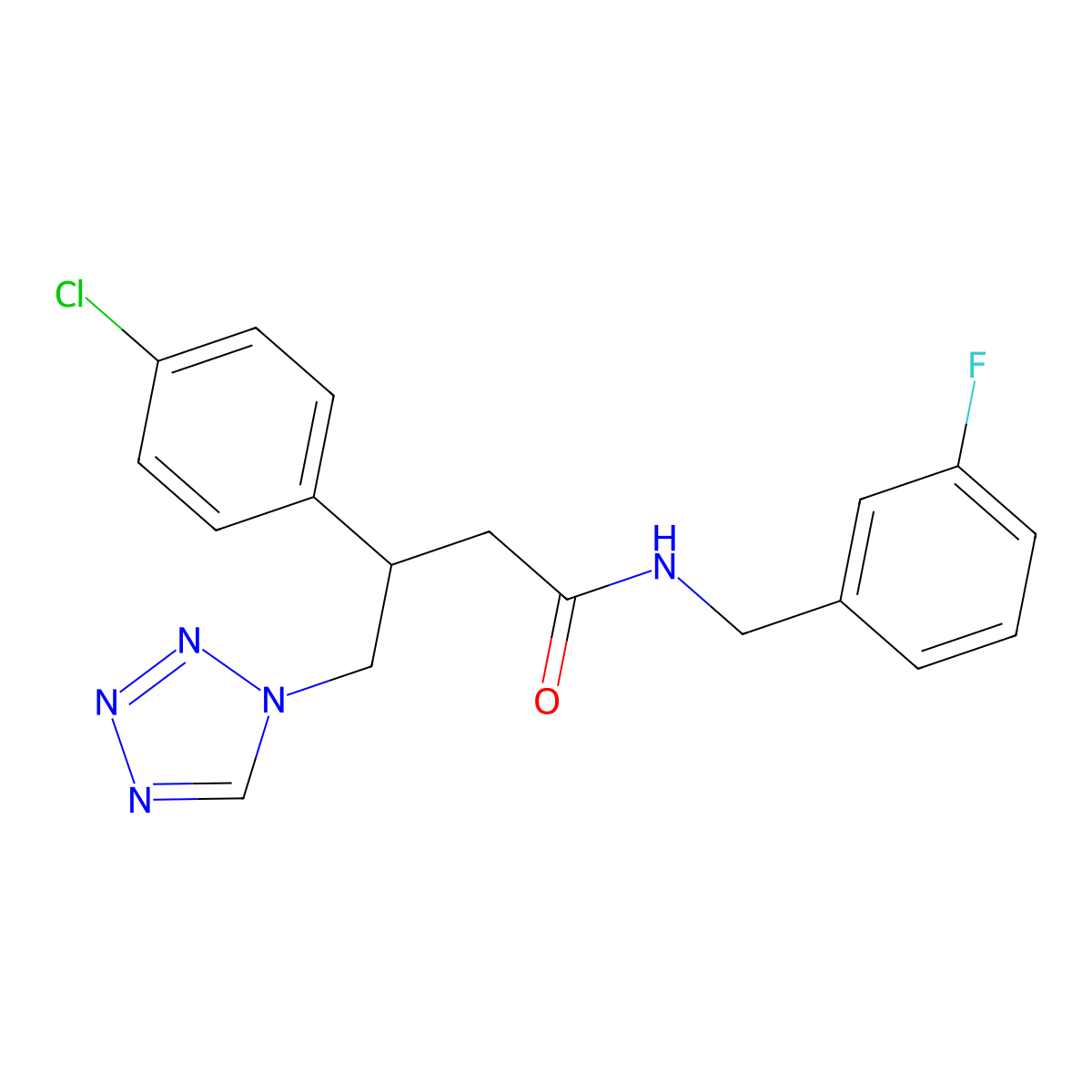 3-(4-chlorophenyl)-N-(3-fluorobenzyl)-4-(1H-tetrazol-1-yl)butanamide molecular structure, CAS 1574307-39-3