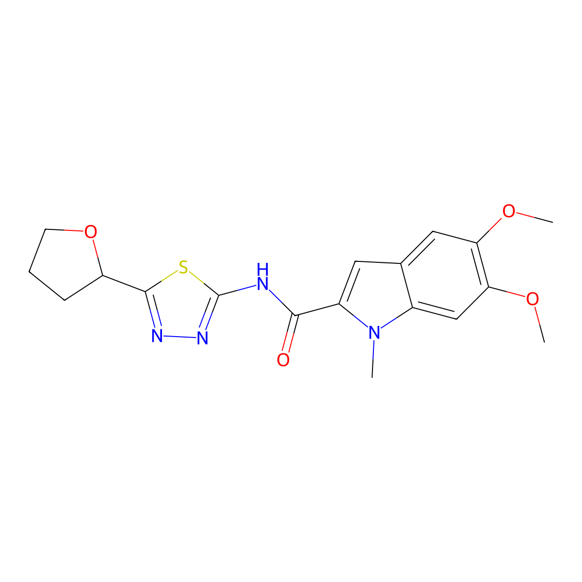 5,6-dimethoxy-1-methyl-N-(5-(tetrahydrofuran-2-yl)-1,3,4-thiadiazol-2-yl)-1H-indole-2-carboxamide molecular structure, CAS 1574307-56-4