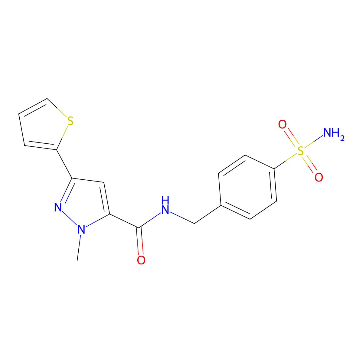 1-methyl-N-(4-sulfamoylbenzyl)-3-(thiophen-2-yl)-1H-pyrazole-5-carboxamide molecular structure, CAS 1574308-20-5