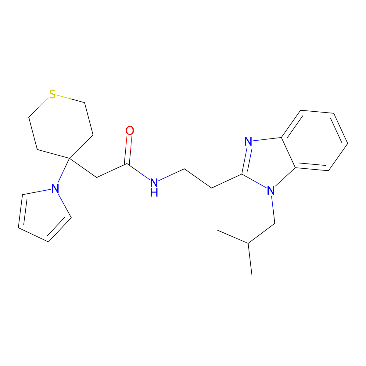 N-{2-[1-(2-methylpropyl)-1H-benzimidazol-2-yl]ethyl}-2-[4-(1H-pyrrol-1-yl)tetrahydro-2H-thiopyran-4-yl]acetamide molecular structure, CAS 1574308-57-8