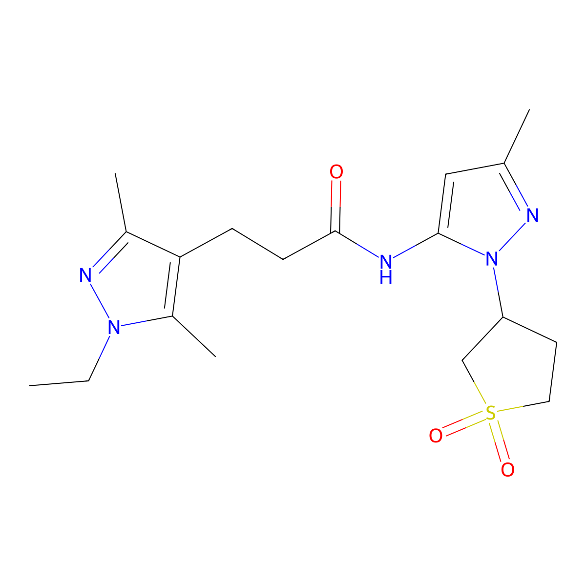 N-[1-(1,1-dioxidotetrahydrothiophen-3-yl)-3-methyl-1H-pyrazol-5-yl]-3-(1-ethyl-3,5-dimethyl-1H-pyrazol-4-yl)propanamide molecular structure, CAS 1574308-70-5