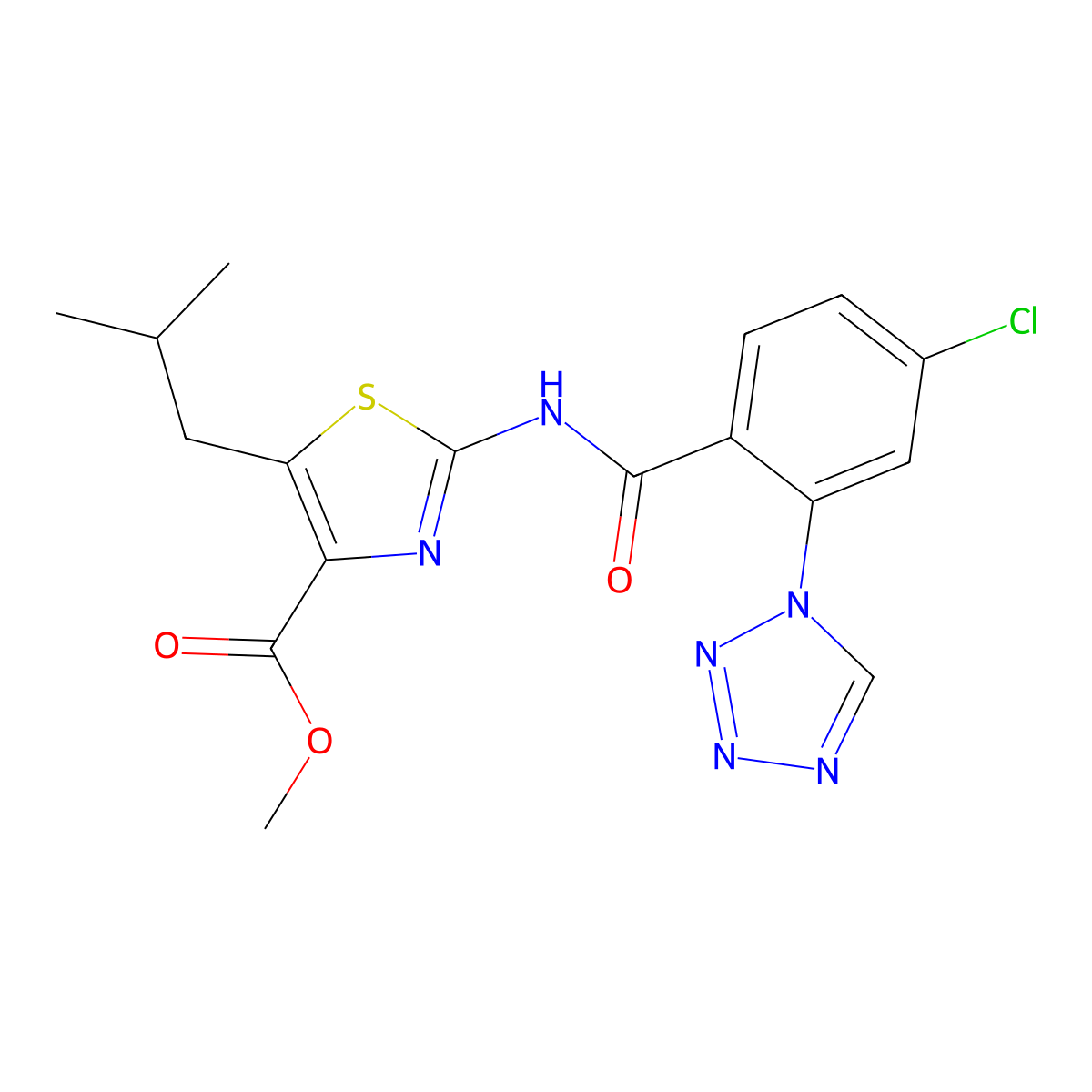 methyl 2-({[4-chloro-2-(1H-tetrazol-1-yl)phenyl]carbonyl}amino)-5-(2-methylpropyl)-1,3-thiazole-4-carboxylate molecular structure, CAS 1574308-75-0