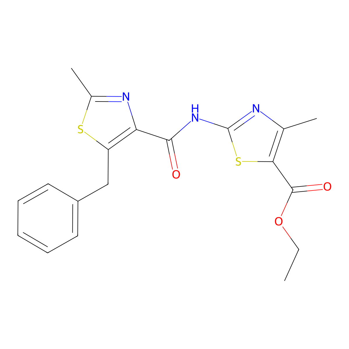 Ethyl 2-{[(5-benzyl-2-methyl-1,3-thiazol-4-yl)carbonyl]amino}-4-methyl-1,3-thiazole-5-carboxylate molecular structure, CAS 1574308-82-9
