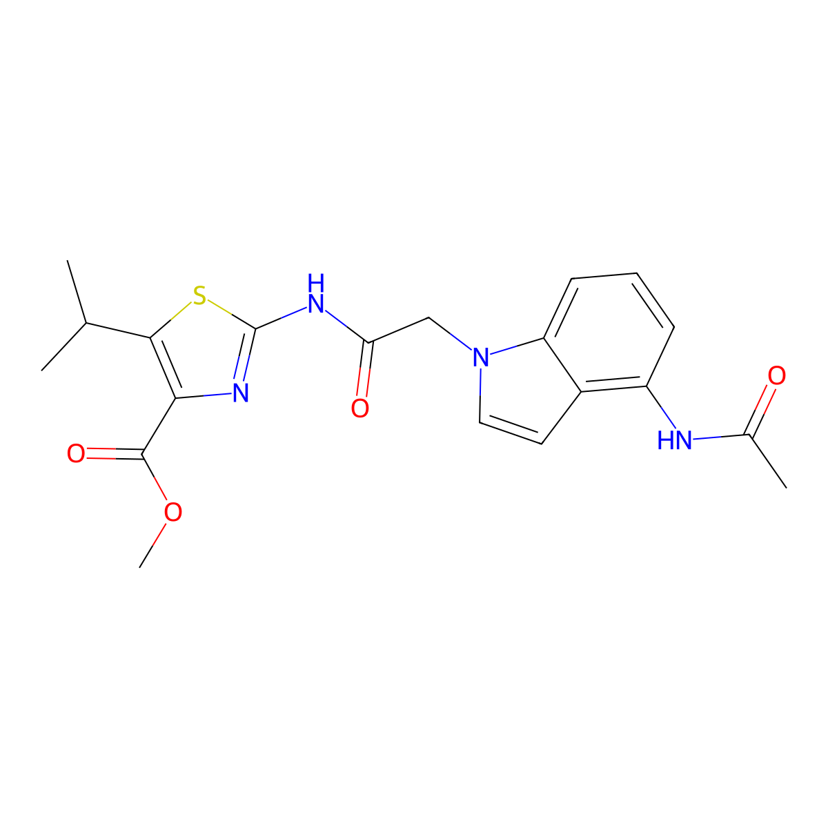 methyl 2-({[4-(acetylamino)-1H-indol-1-yl]acetyl}amino)-5-(propan-2-yl)-1,3-thiazole-4-carboxylate molecular structure, CAS 1574309-13-9