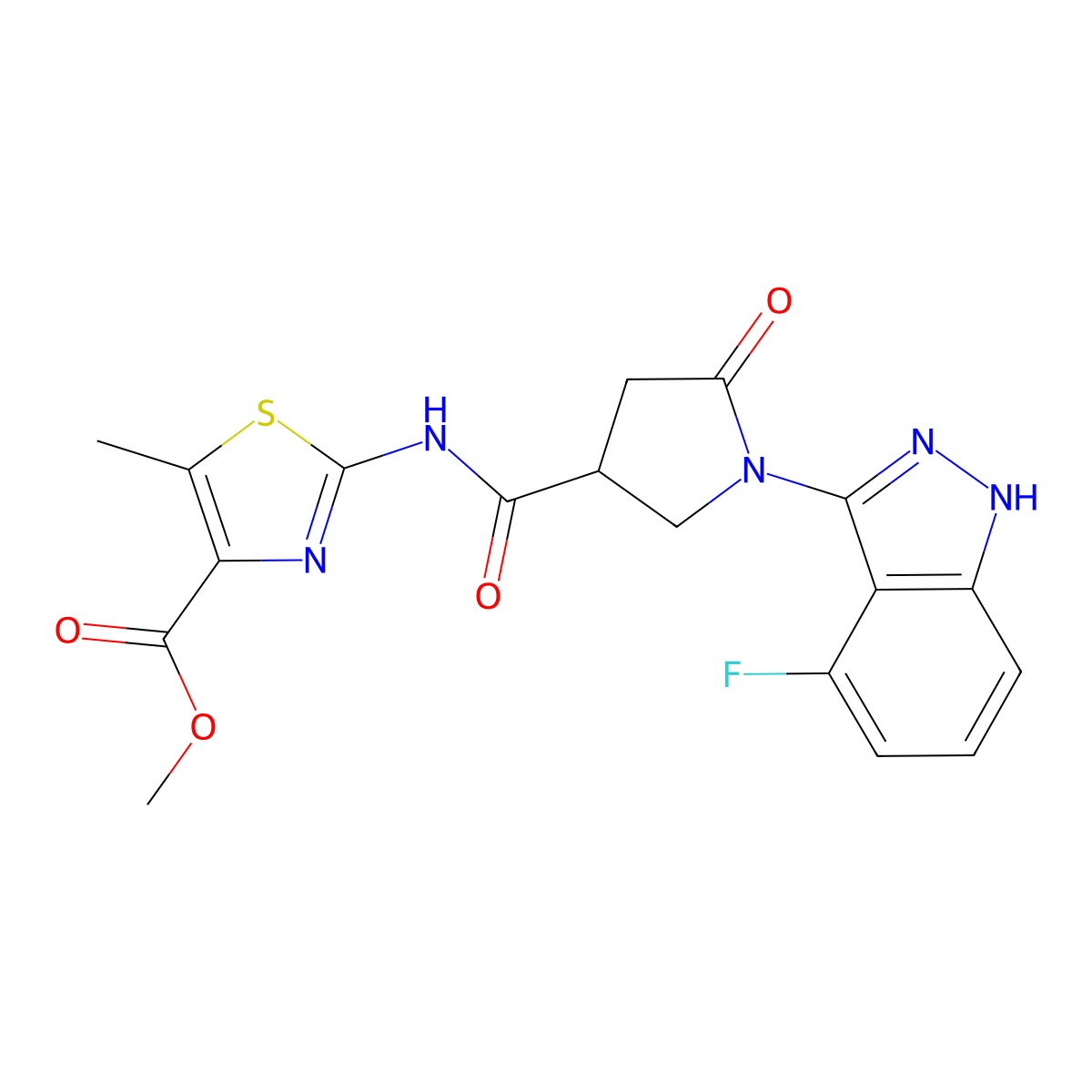 methyl 2-({[1-(4-fluoro-1H-indazol-3-yl)-5-oxopyrrolidin-3-yl]carbonyl}amino)-5-methyl-1,3-thiazole-4-carboxylate molecular structure, CAS 1574309-50-4