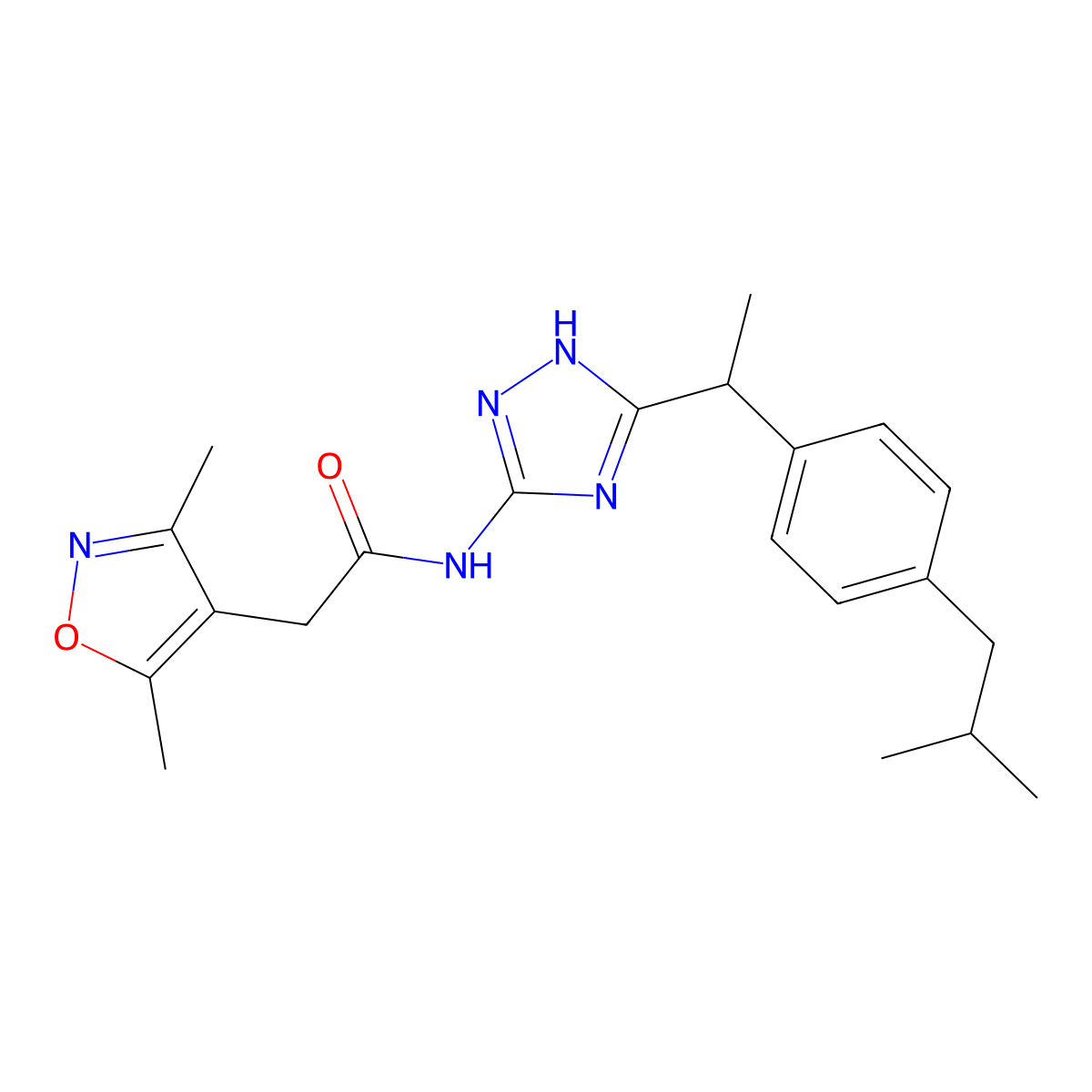 2-(3,5-dimethyl-1,2-oxazol-4-yl)-N-(3-{1-[4-(2-methylpropyl)phenyl]ethyl}-1H-1,2,4-triazol-5-yl)acetamide molecular structure, CAS 1574309-53-7