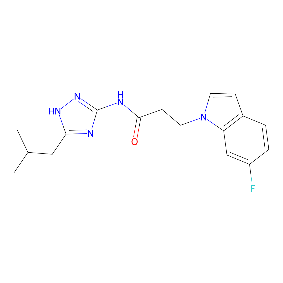3-(6-fluoro-1H-indol-1-yl)-N-[3-(2-methylpropyl)-1H-1,2,4-triazol-5-yl]propanamide molecular structure, CAS 1574310-05-6