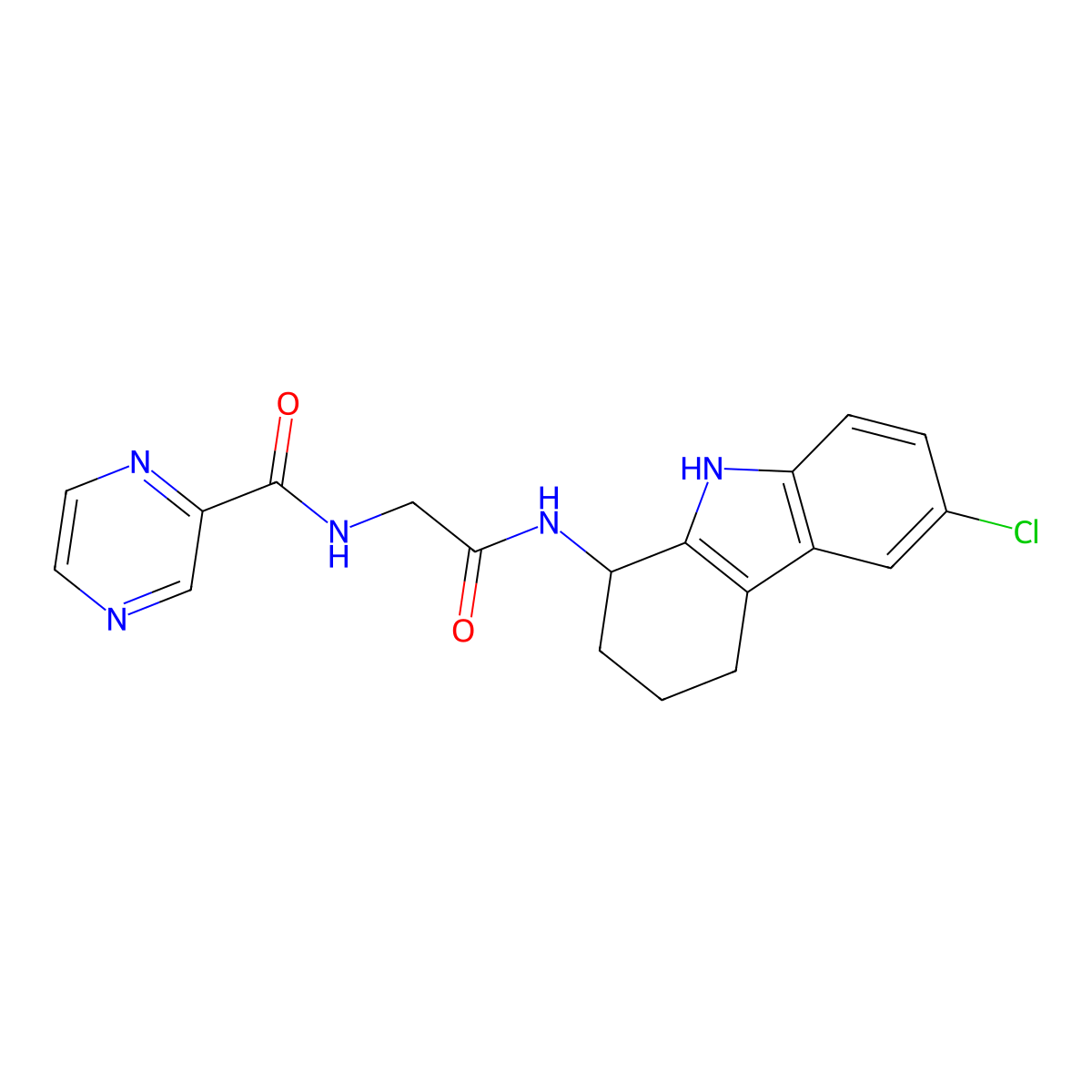 N-(2-((6-chloro-2,3,4,9-tetrahydro-1H-carbazol-1-yl)amino)-2-oxoethyl)pyrazine-2-carboxamide molecular structure, CAS 1574310-50-1