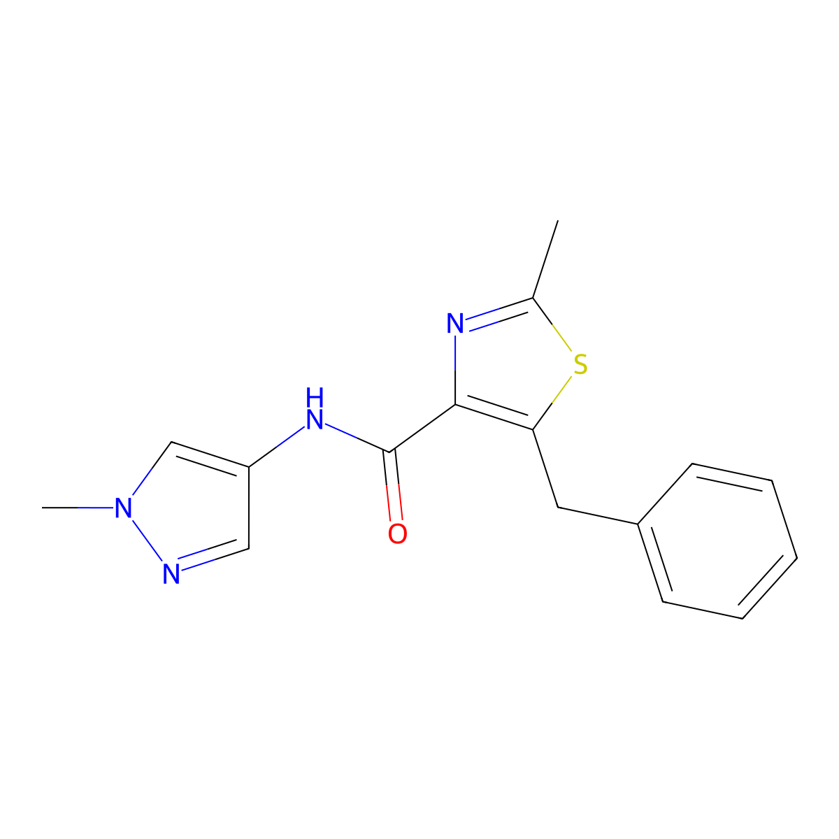 5-benzyl-2-methyl-N-(1-methyl-1H-pyrazol-4-yl)-1,3-thiazole-4-carboxamide molecular structure, CAS 1574310-83-0