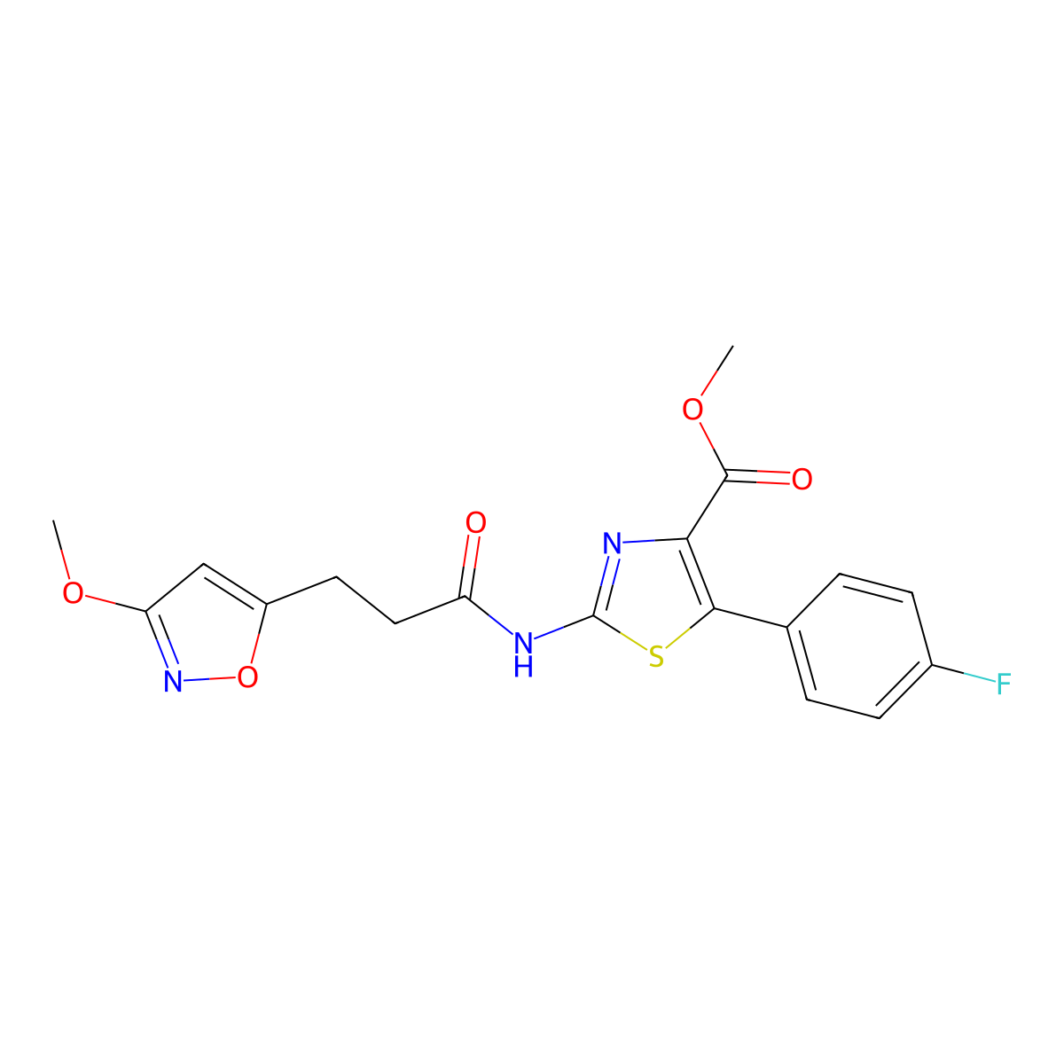 Methyl 5-(4-fluorophenyl)-2-{[3-(3-methoxy-1,2-oxazol-5-yl)propanoyl]amino}-1,3-thiazole-4-carboxylate molecular structure, CAS 1574310-89-6