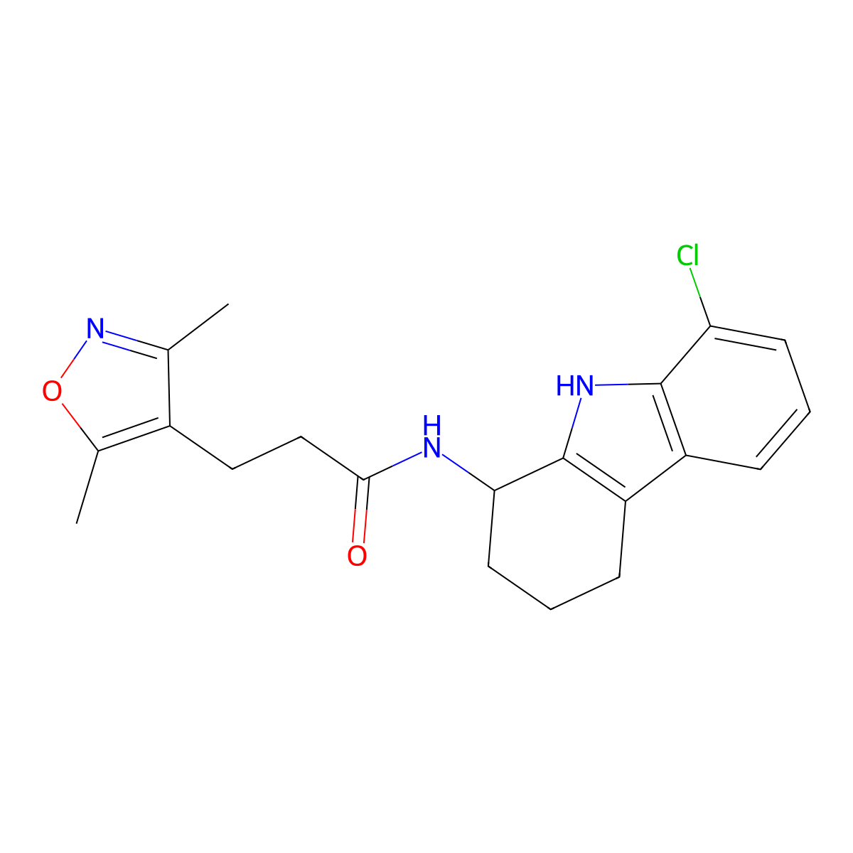 N-(8-chloro-2,3,4,9-tetrahydro-1H-carbazol-1-yl)-3-(3,5-dimethyl-4-isoxazolyl)propanamide molecular structure, CAS 1574310-93-2