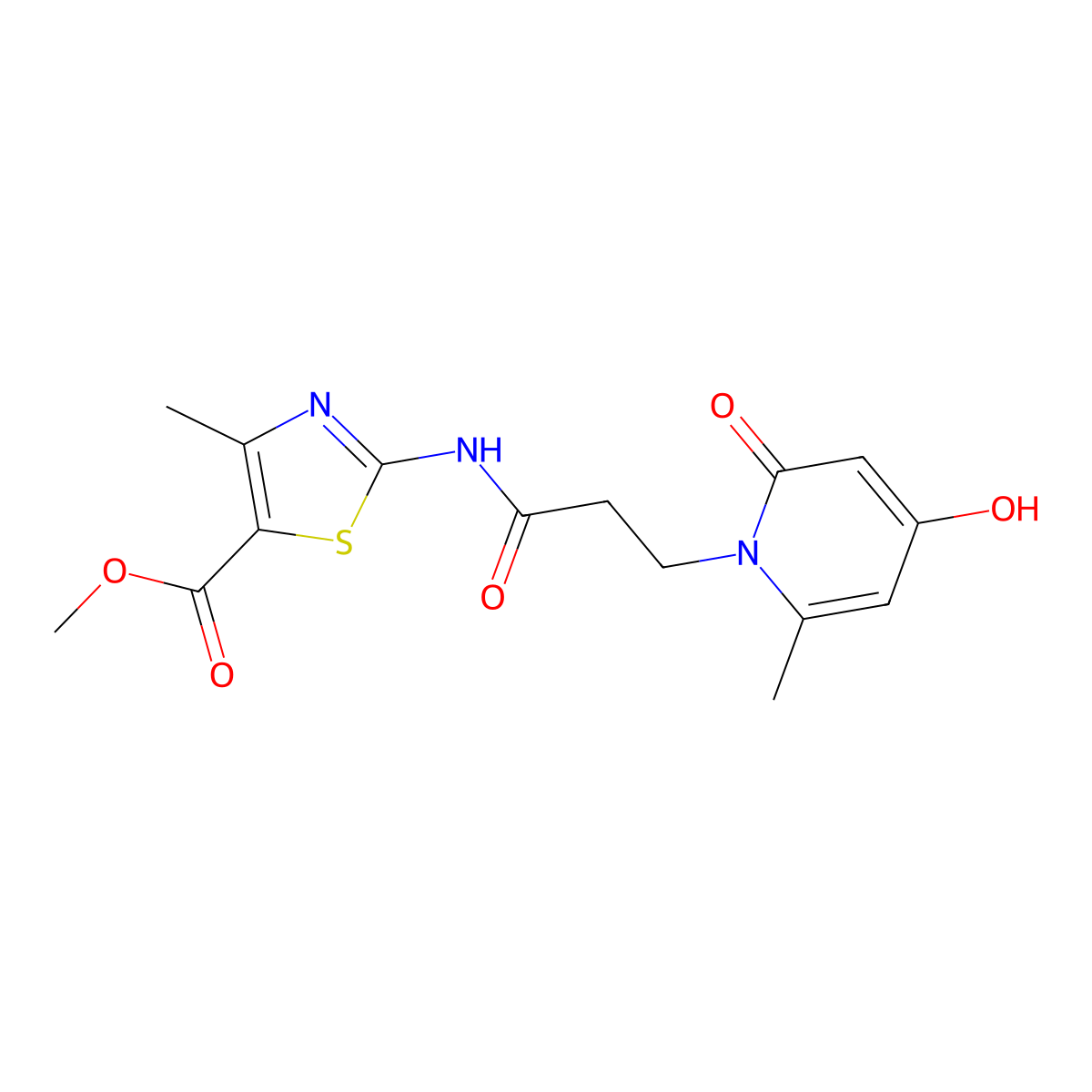 methyl 2-{[3-(4-hydroxy-6-methyl-2-oxopyridin-1(2H)-yl)propanoyl]amino}-4-methyl-1,3-thiazole-5-carboxylate molecular structure, CAS 1574316-96-3