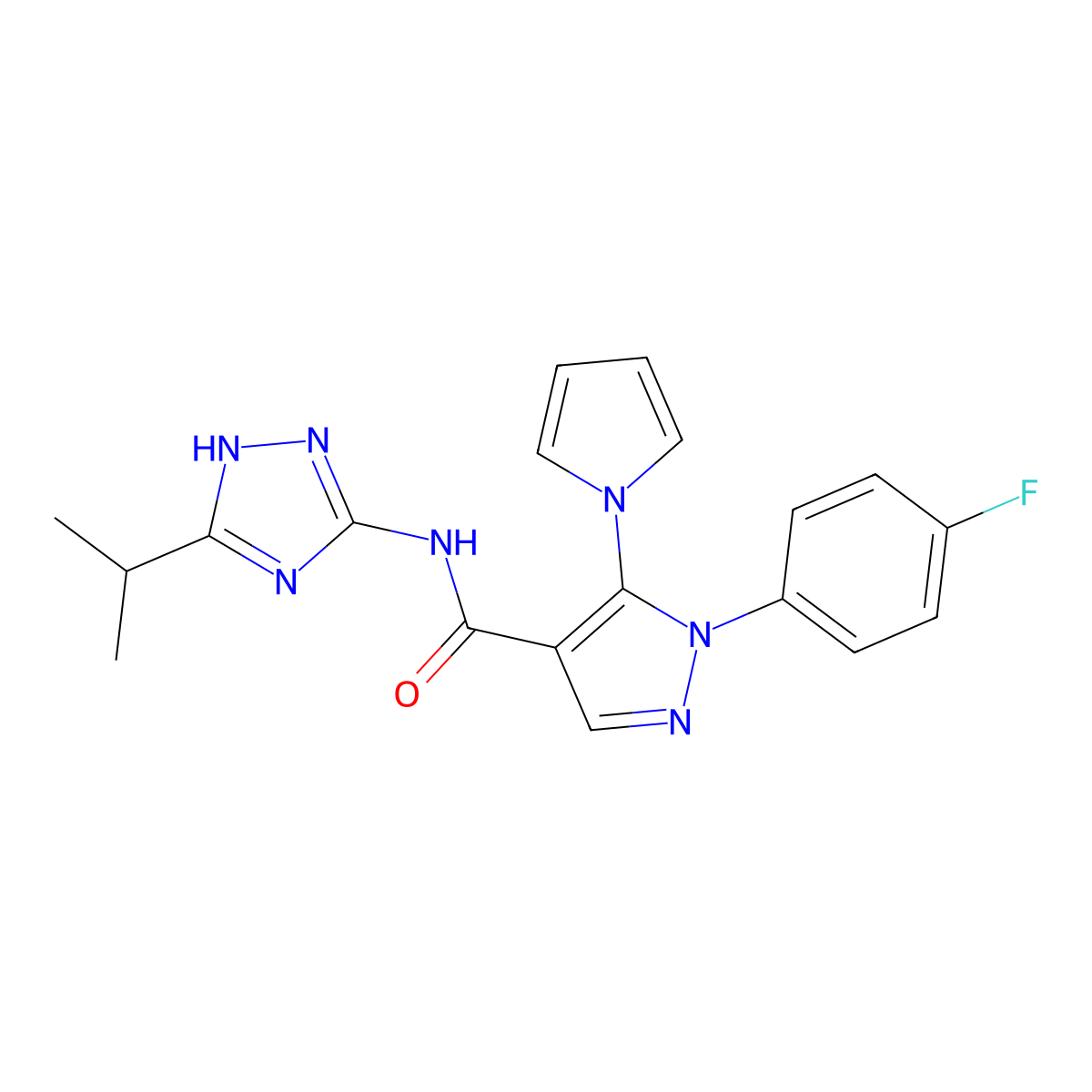 1-(4-fluorophenyl)-N-[3-(propan-2-yl)-1H-1,2,4-triazol-5-yl]-5-(1H-pyrrol-1-yl)-1H-pyrazole-4-carboxamide molecular structure, CAS 1574317-88-6