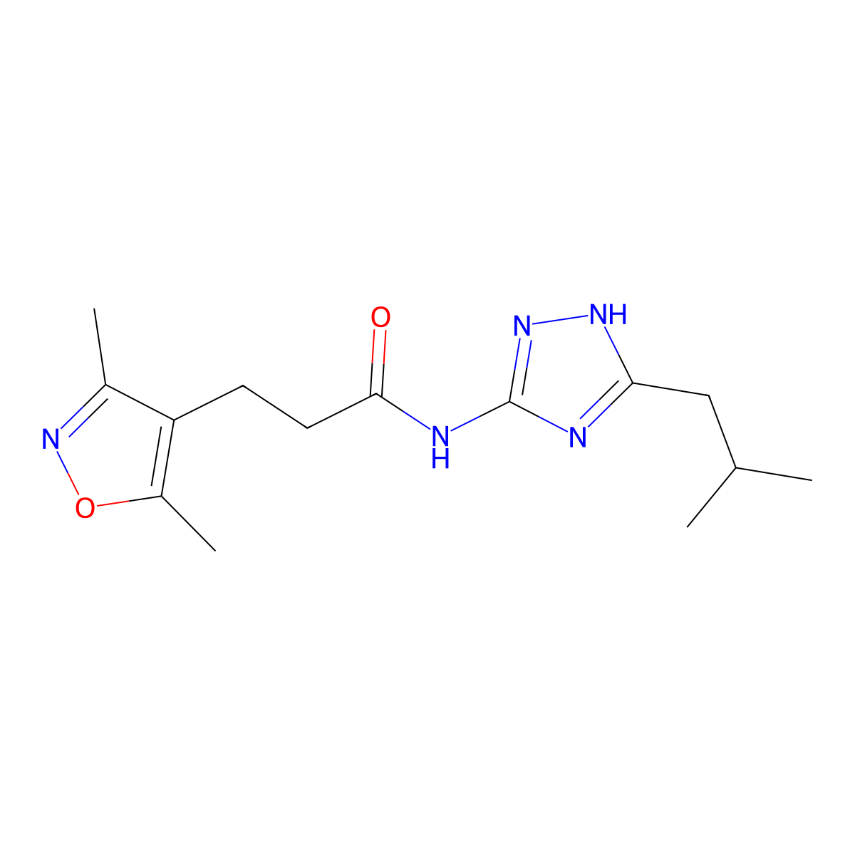 3-(3,5-dimethyl-1,2-oxazol-4-yl)-N-[3-(2-methylpropyl)-1H-1,2,4-triazol-5-yl]propanamide molecular structure, CAS 1574318-07-2