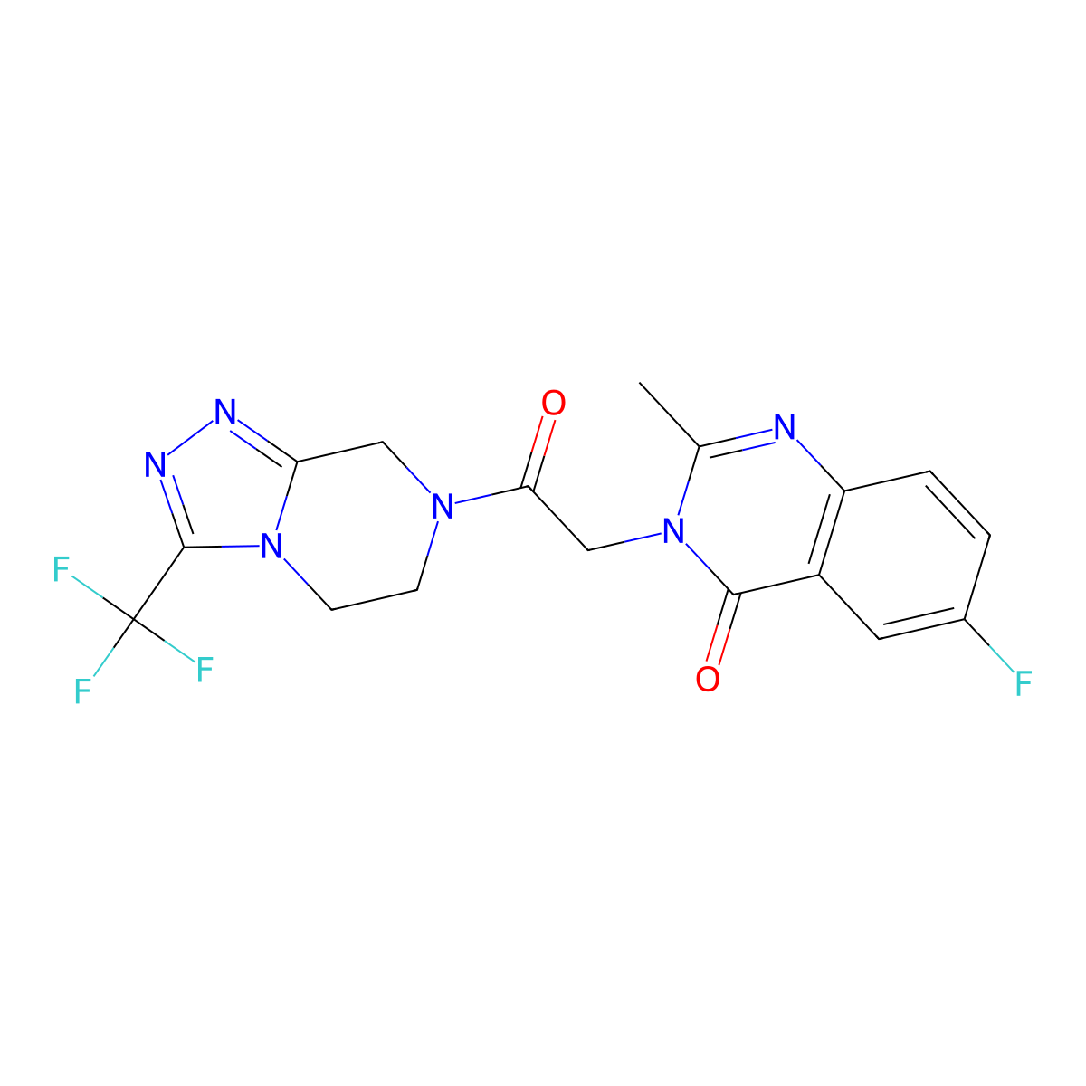 6-fluoro-2-methyl-3-{2-oxo-2-[3-(trifluoromethyl)-5,6-dihydro[1,2,4]triazolo[4,3-a]pyrazin-7(8H)-yl]ethyl}quinazolin-4(3H)-one molecular structure, CAS 1574318-30-1