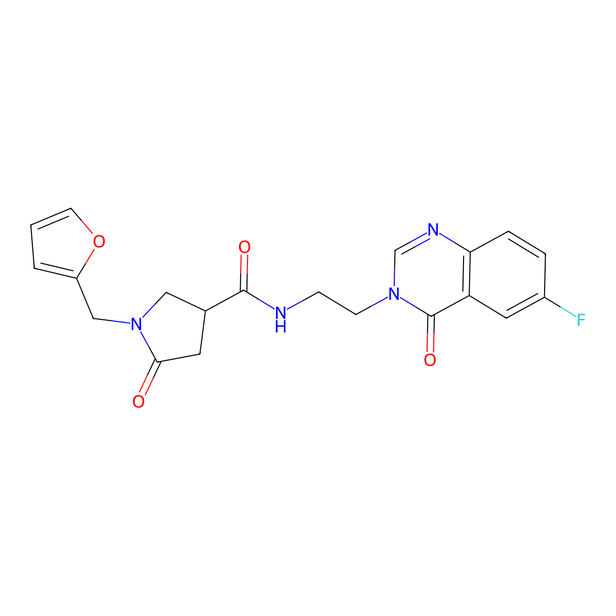 N-[2-(6-fluoro-4-oxoquinazolin-3(4H)-yl)ethyl]-1-(furan-2-ylmethyl)-5-oxopyrrolidine-3-carboxamide molecular structure, CAS 1574318-49-2