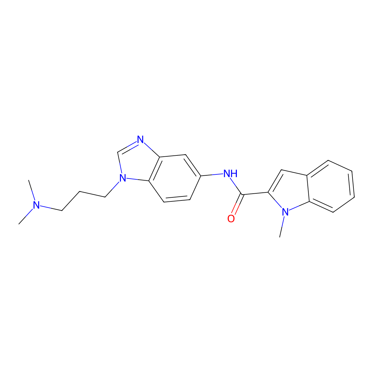 N-{1-[3-(dimethylamino)propyl]-1H-benzimidazol-5-yl}-1-methyl-1H-indole-2-carboxamide molecular structure, CAS 1574319-16-6