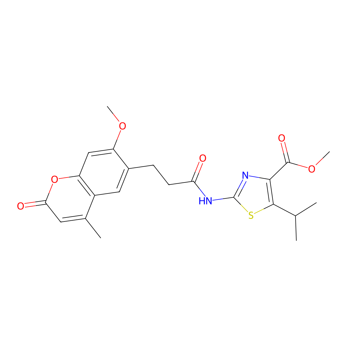methyl 2-{[3-(7-methoxy-4-methyl-2-oxo-2H-chromen-6-yl)propanoyl]amino}-5-(propan-2-yl)-1,3-thiazole-4-carboxylate molecular structure, CAS 1574319-74-6