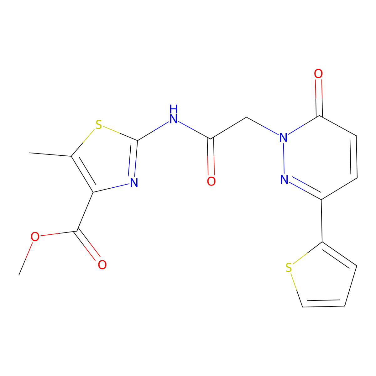 methyl 5-methyl-2-({[6-oxo-3-(thiophen-2-yl)pyridazin-1(6H)-yl]acetyl}amino)-1,3-thiazole-4-carboxylate molecular structure, CAS 1574319-92-8