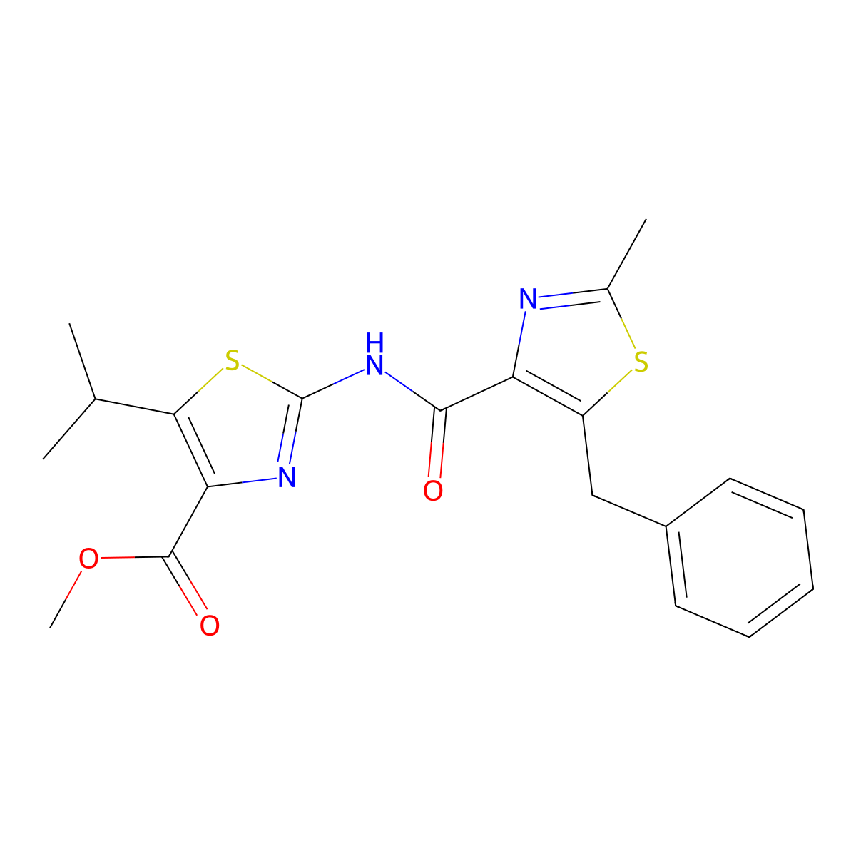 Methyl 2-{[(5-benzyl-2-methyl-1,3-thiazol-4-yl)carbonyl]amino}-5-(propan-2-yl)-1,3-thiazole-4-carboxylate molecular structure, CAS 1574320-06-1