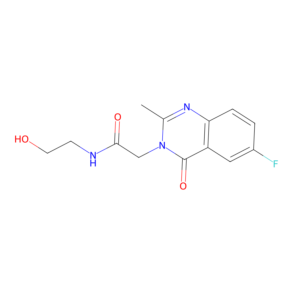 2-(6-fluoro-2-methyl-4-oxoquinazolin-3(4H)-yl)-N-(2-hydroxyethyl)acetamide molecular structure, CAS 1574321-43-9