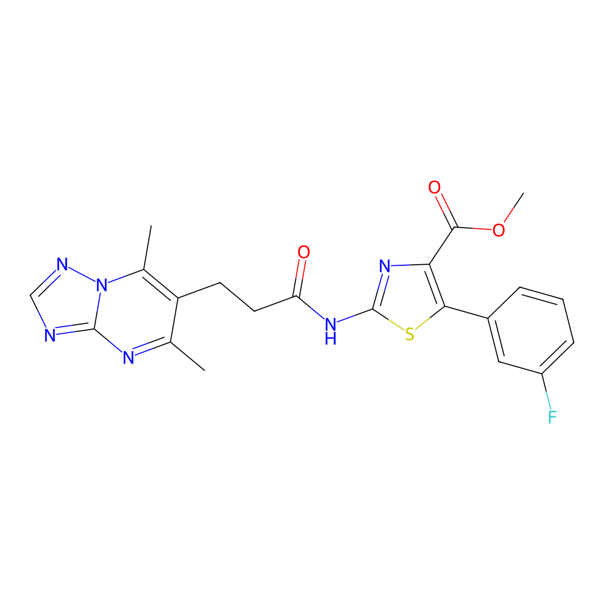 Methyl 2-{[3-(5,7-dimethyl[1,2,4]triazolo[1,5-a]pyrimidin-6-yl)propanoyl]amino}-5-(3-fluorophenyl)-1,3-thiazole-4-carboxylate molecular structure, CAS 1574324-62-1