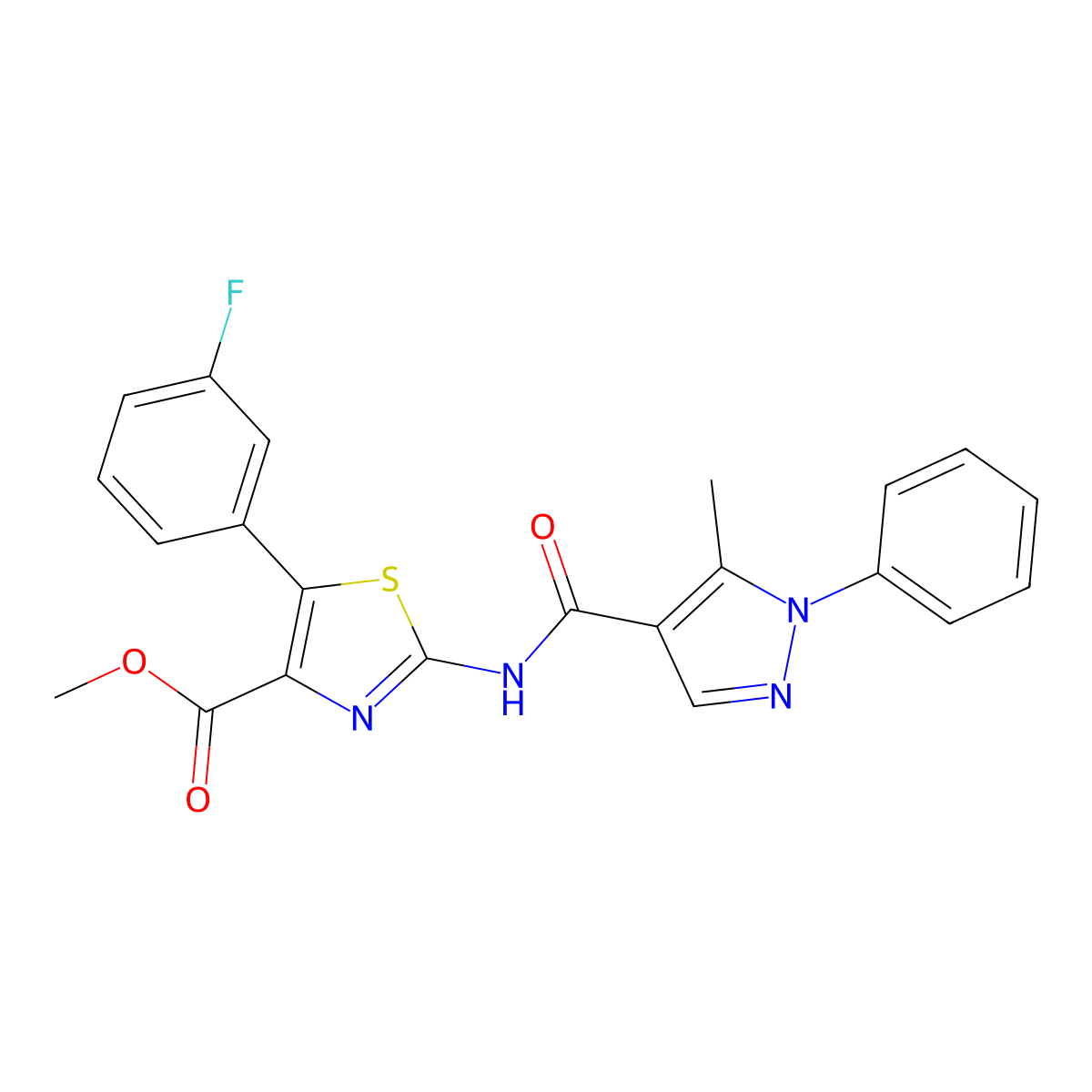 methyl 5-(3-fluorophenyl)-2-{[(5-methyl-1-phenyl-1H-pyrazol-4-yl)carbonyl]amino}-1,3-thiazole-4-carboxylate molecular structure, CAS 1574324-68-7