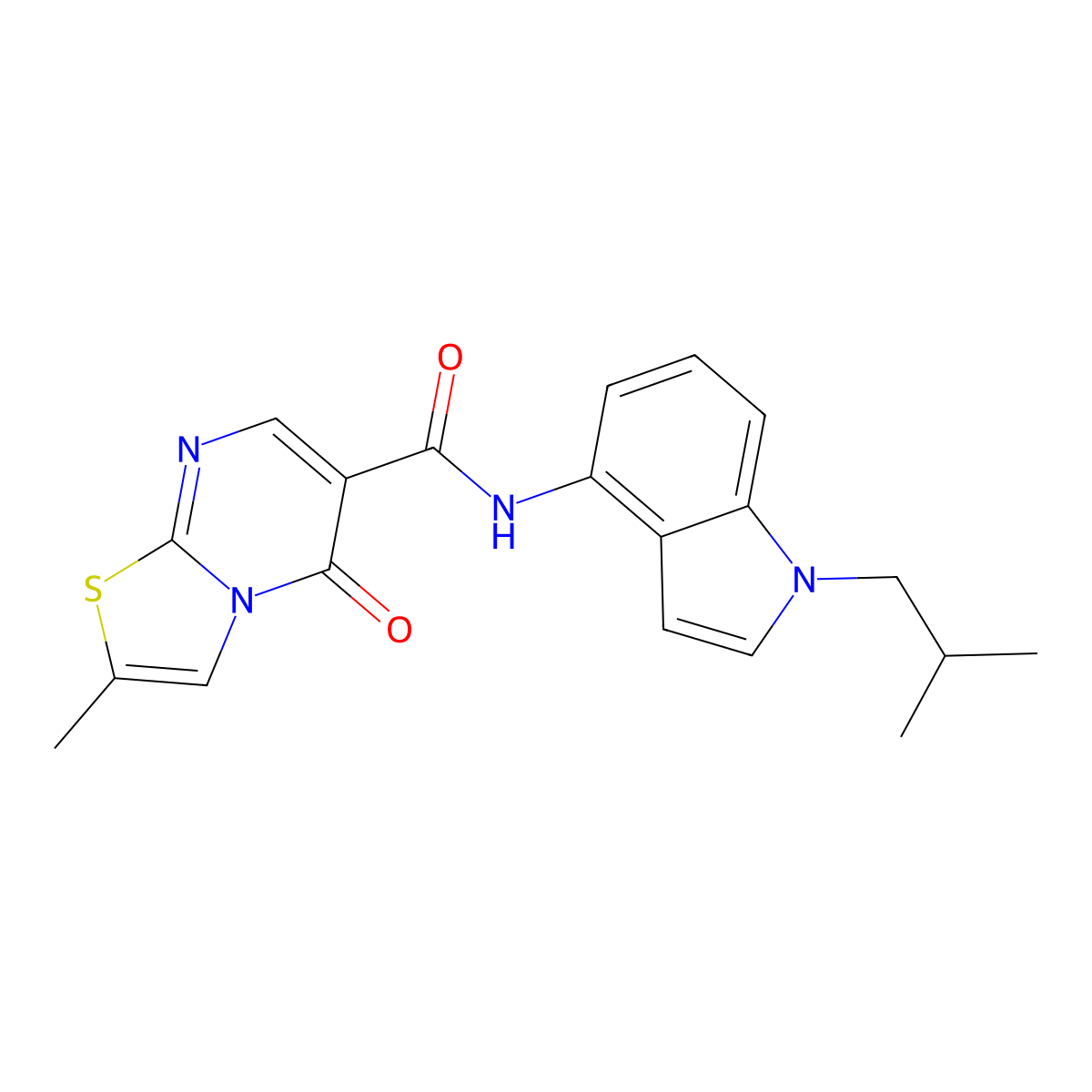 N-(1-isobutyl-1H-indol-4-yl)-2-methyl-5-oxo-5H-[1,3]thiazolo[3,2-a]pyrimidine-6-carboxamide molecular structure, CAS 1574324-84-7