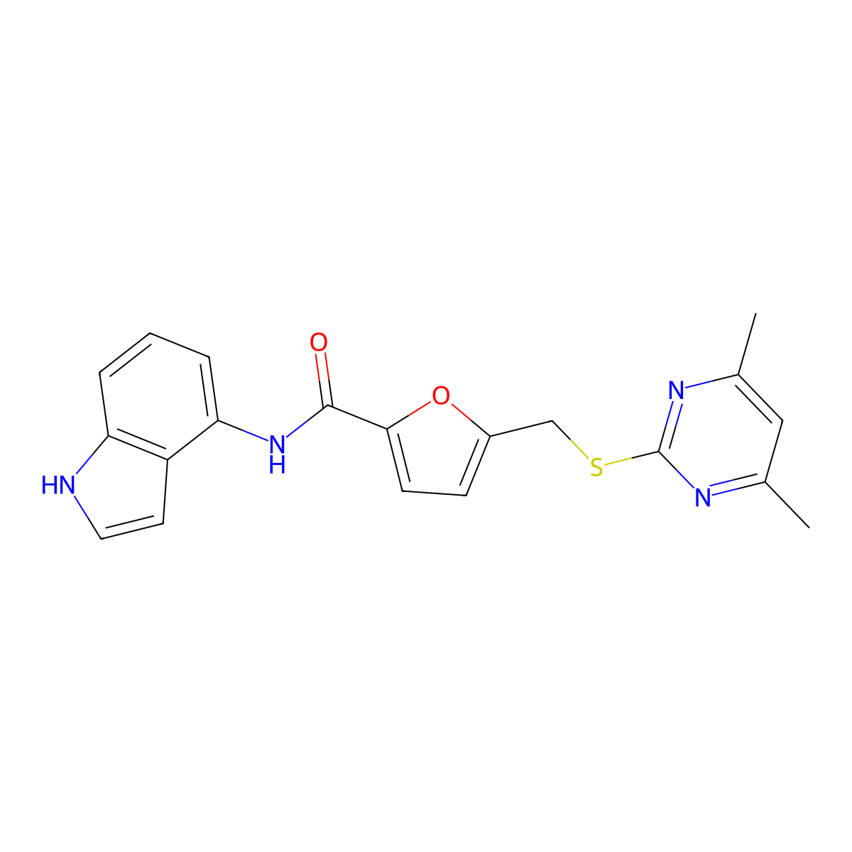 5-(((4,6-dimethylpyrimidin-2-yl)thio)methyl)-N-(1H-indol-4-yl)furan-2-carboxamide molecular structure, CAS 1574325-70-4