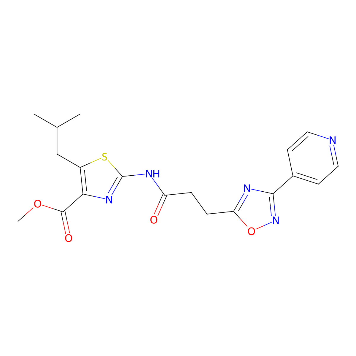 Methyl 5-(2-methylpropyl)-2-({3-[3-(pyridin-4-yl)-1,2,4-oxadiazol-5-yl]propanoyl}amino)-1,3-thiazole-4-carboxylate molecular structure, CAS 1574325-76-0