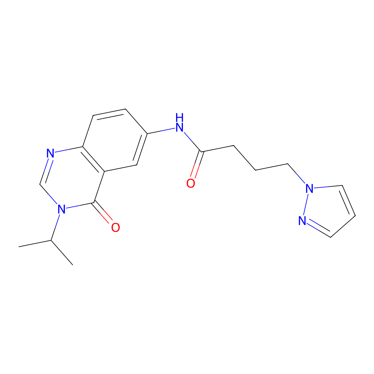 N-[4-oxo-3-(propan-2-yl)-3,4-dihydroquinazolin-6-yl]-4-(1H-pyrazol-1-yl)butanamide molecular structure, CAS 1574325-81-7