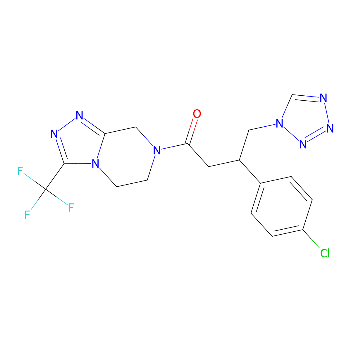 3-(4-chlorophenyl)-4-(1H-tetrazol-1-yl)-1-[3-(trifluoromethyl)-5,6-dihydro[1,2,4]triazolo[4,3-a]pyrazin-7(8H)-yl]butan-1-one molecular structure, CAS 1574326-24-1