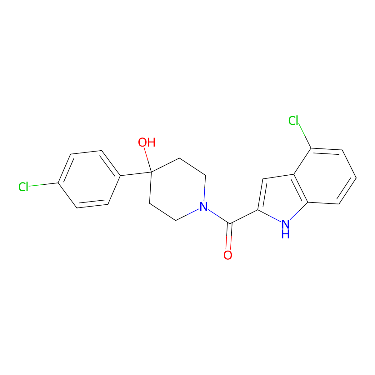 (4-chloro-1H-indol-2-yl)[4-(4-chlorophenyl)-4-hydroxypiperidin-1-yl]methanone molecular structure, CAS 1574327-14-2