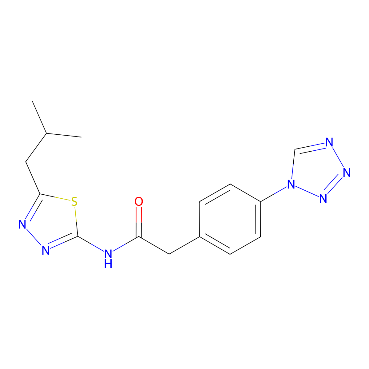 2-(4-(1H-tetrazol-1-yl)phenyl)-N-(5-isobutyl-1,3,4-thiadiazol-2-yl)acetamide molecular structure, CAS 1574327-21-1