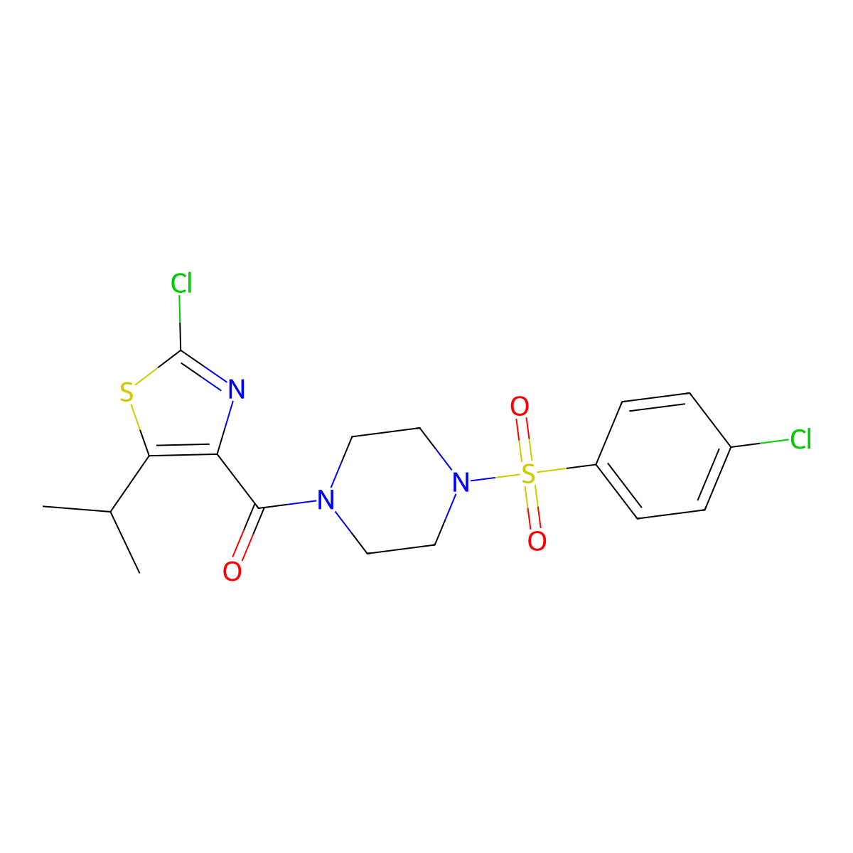 {4-[(4-Chlorophenyl)sulfonyl]piperazin-1-yl}[2-chloro-5-(propan-2-yl)-1,3-thiazol-4-yl]methanone molecular structure, CAS 1574328-09-8