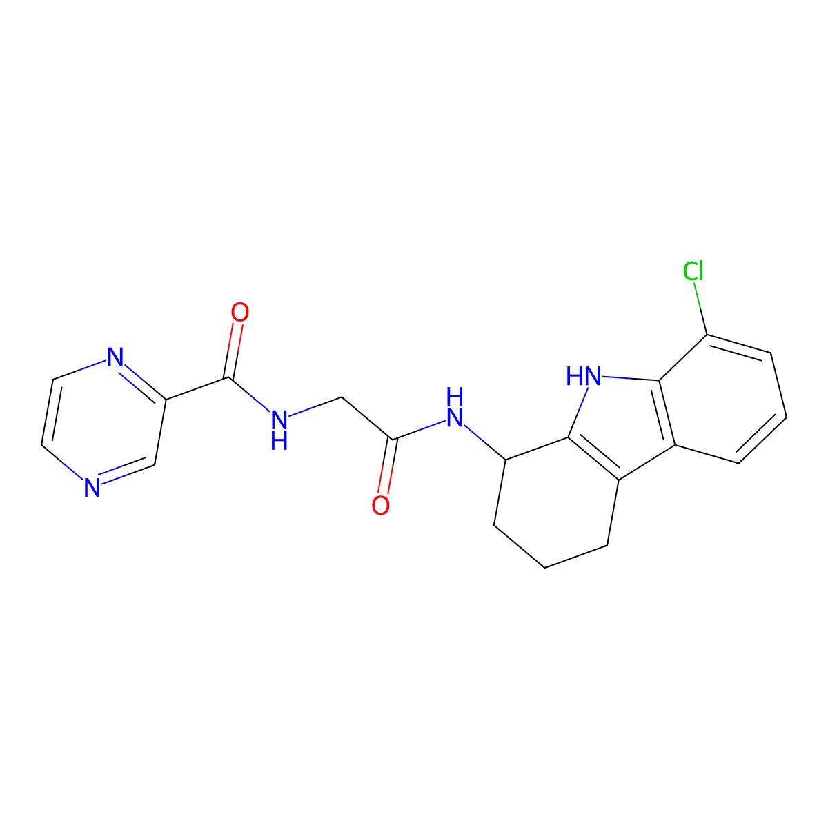 N-(2-((8-chloro-2,3,4,9-tetrahydro-1H-carbazol-1-yl)amino)-2-oxoethyl)pyrazine-2-carboxamide molecular structure, CAS 1574328-53-2