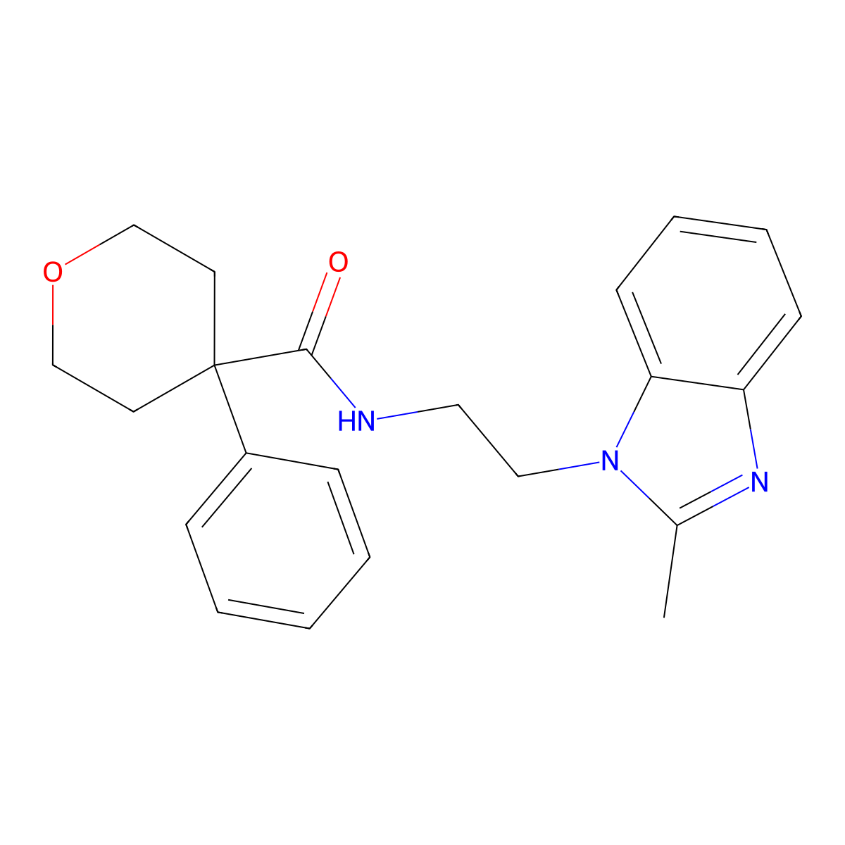 N-[2-(2-methyl-1H-benzimidazol-1-yl)ethyl]-4-phenyltetrahydro-2H-pyran-4-carboxamide molecular structure, CAS 1574328-73-6