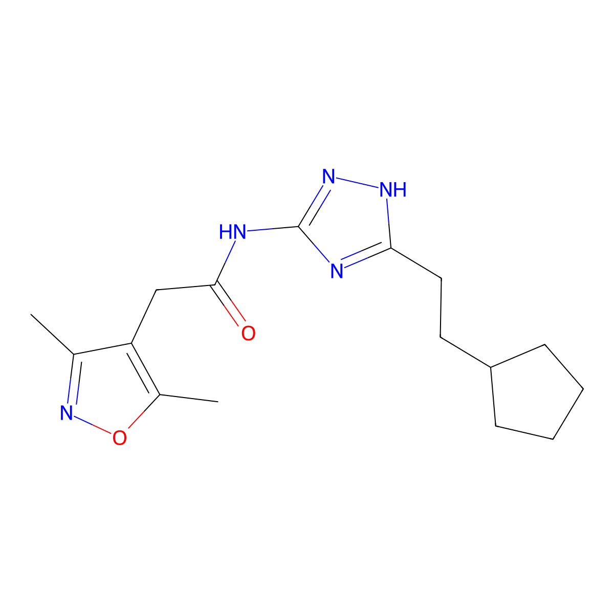 N-[3-(2-cyclopentylethyl)-1H-1,2,4-triazol-5-yl]-2-(3,5-dimethyl-1,2-oxazol-4-yl)acetamide molecular structure, CAS 1574328-85-0