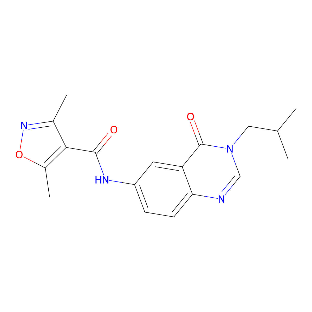 3,5-dimethyl-N-[3-(2-methylpropyl)-4-oxo-3,4-dihydroquinazolin-6-yl]-1,2-oxazole-4-carboxamide molecular structure, CAS 1574335-05-9