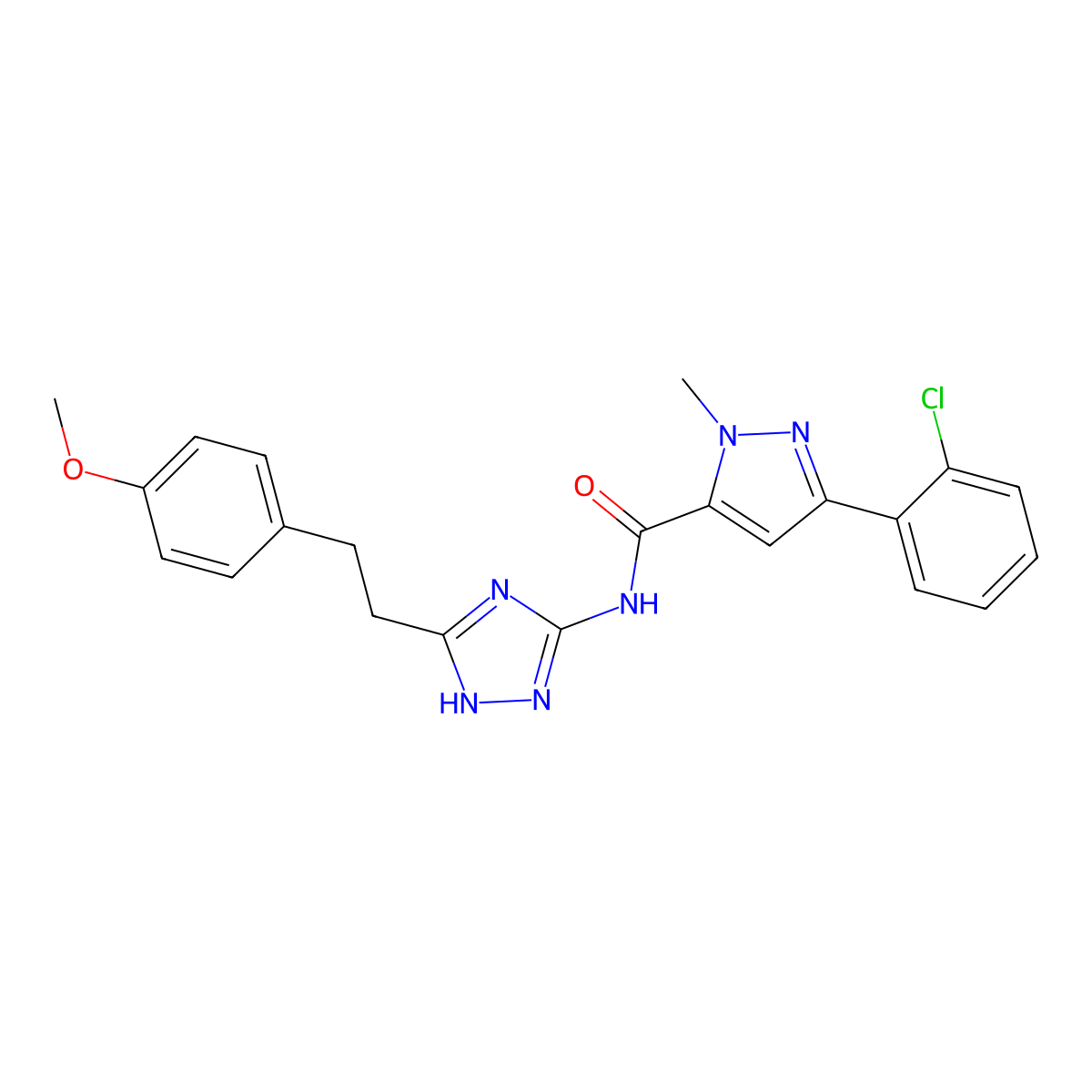 3-(2-chlorophenyl)-N-{3-[2-(4-methoxyphenyl)ethyl]-1H-1,2,4-triazol-5-yl}-1-methyl-1H-pyrazole-5-carboxamide molecular structure, CAS 1574335-07-1